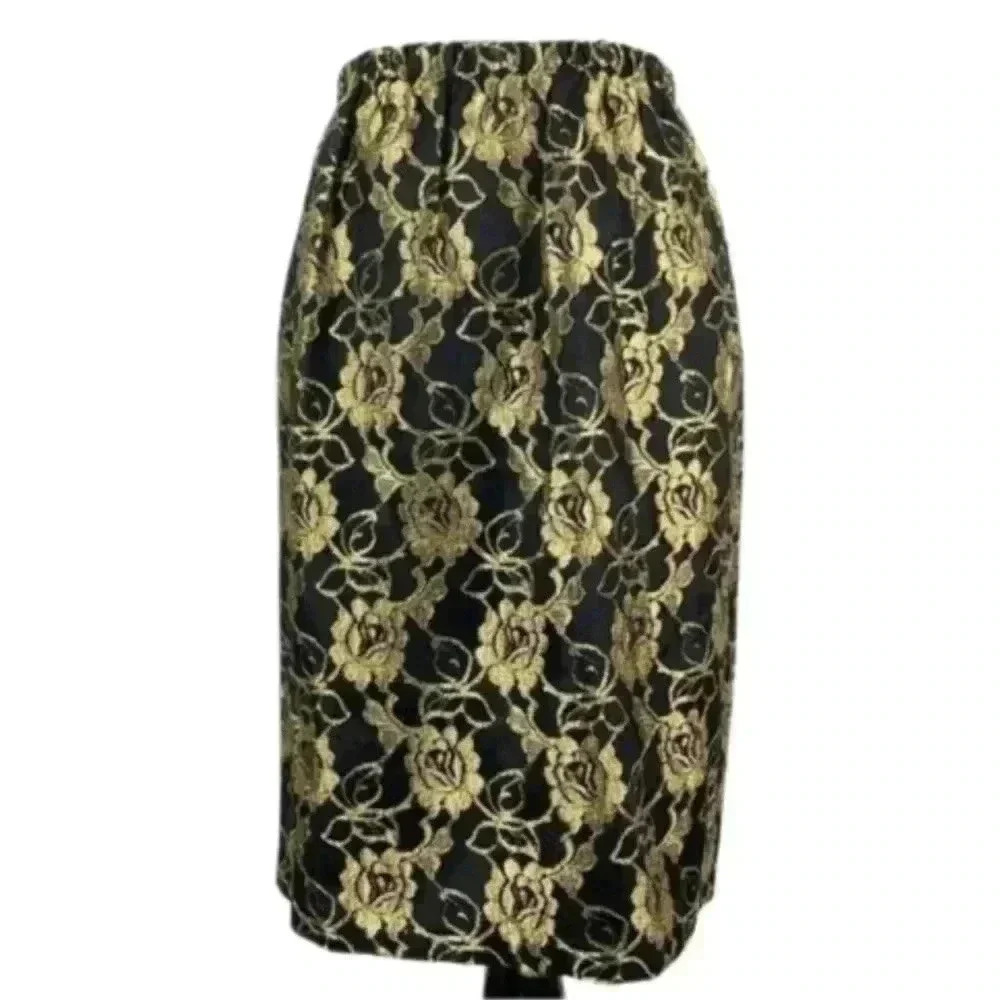 Vtg pencil skirt size 9/10 gold black floral lace